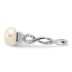 Sterling Silver Rhodium-plated 7-8mm White Freshwater Cultured Pearl and CZ Infinity Ring