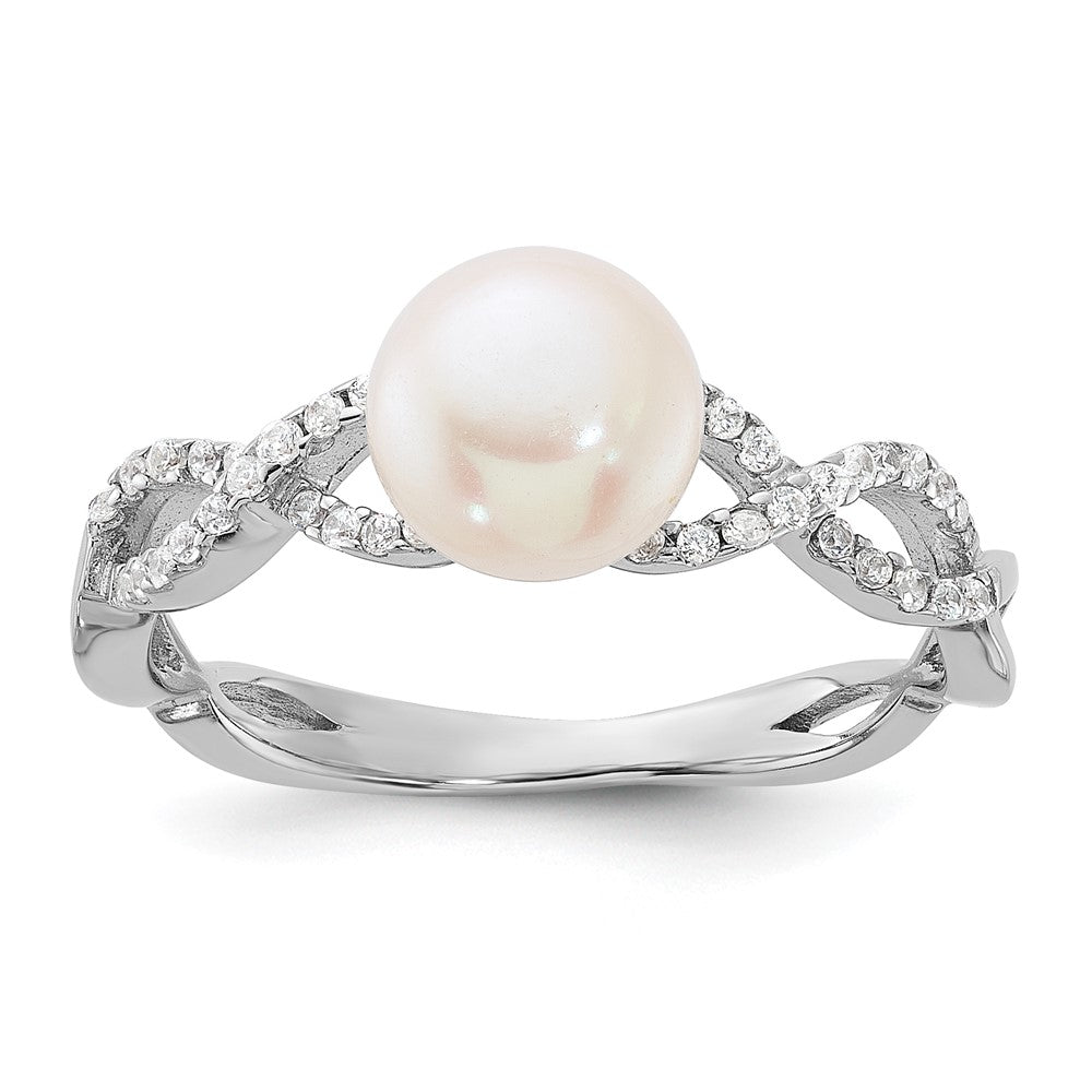 Sterling Silver Rhodium-plated 7-8mm White Freshwater Cultured Pearl and CZ Infinity Ring