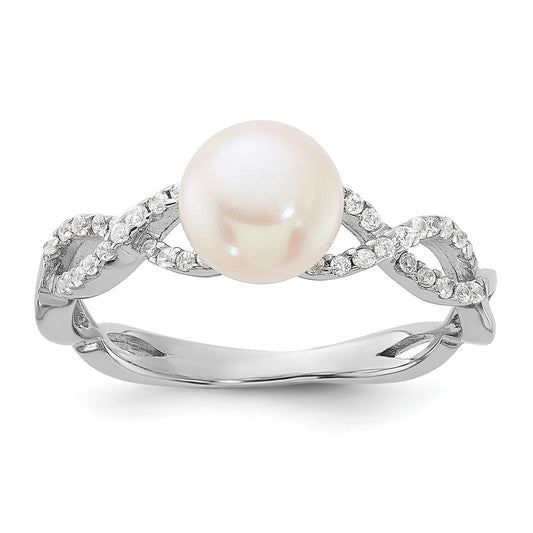 Sterling Silver Rhodium-plated 7-8mm White Freshwater Cultured Pearl and CZ Infinity Ring
