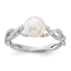 Sterling Silver Rhodium-plated 7-8mm White Freshwater Cultured Pearl and CZ Infinity Ring