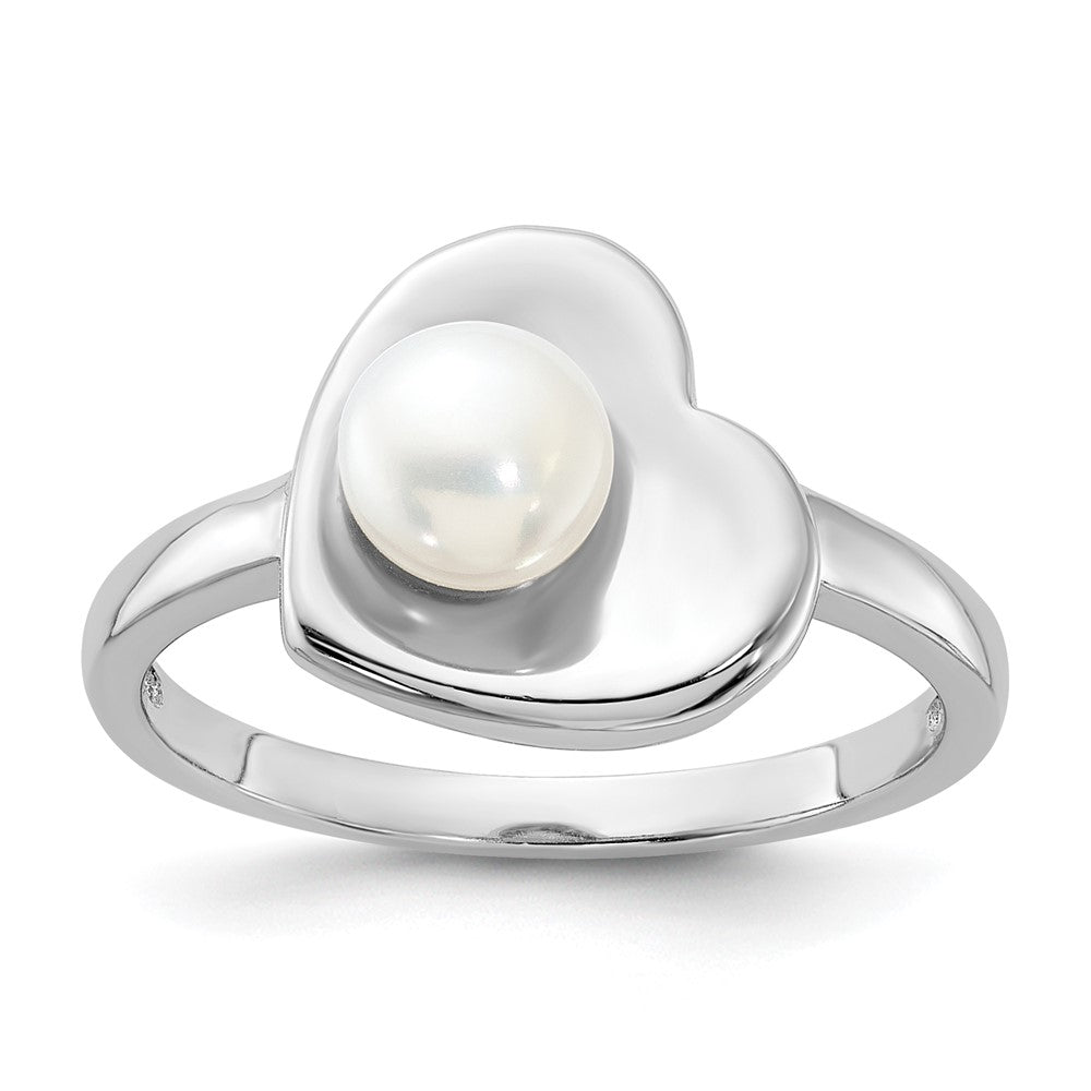 Sterling Silver Rhodium-plated 5-6mm White Freshwater Cultured Pearl Heart Ring