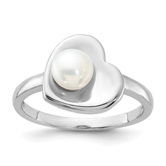 Sterling Silver Rhodium-plated 5-6mm White Freshwater Cultured Pearl Heart Ring