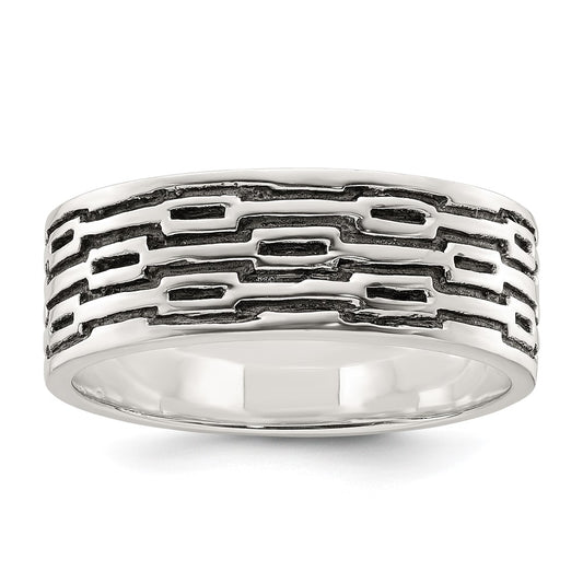 Sterling Silver Polished Oxidized Patterned Men's Band Ring