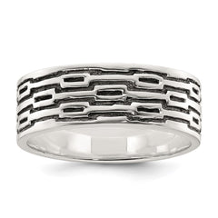 Sterling Silver Polished Oxidized Patterned Men's Band Ring