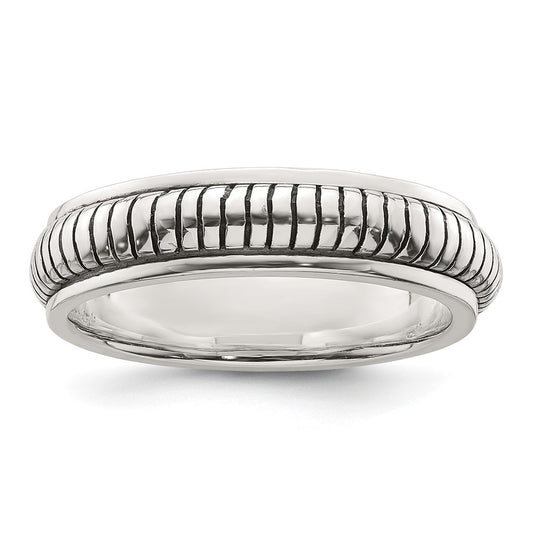 Sterling Silver Polished Oxidized Half Round Patterned Men's Ring