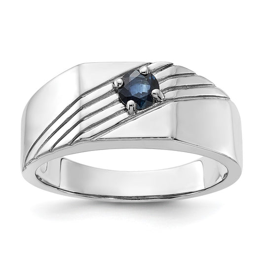 Sterling Silver Rhodium-plated Dark Blue Sapphire Signet Men's Ring