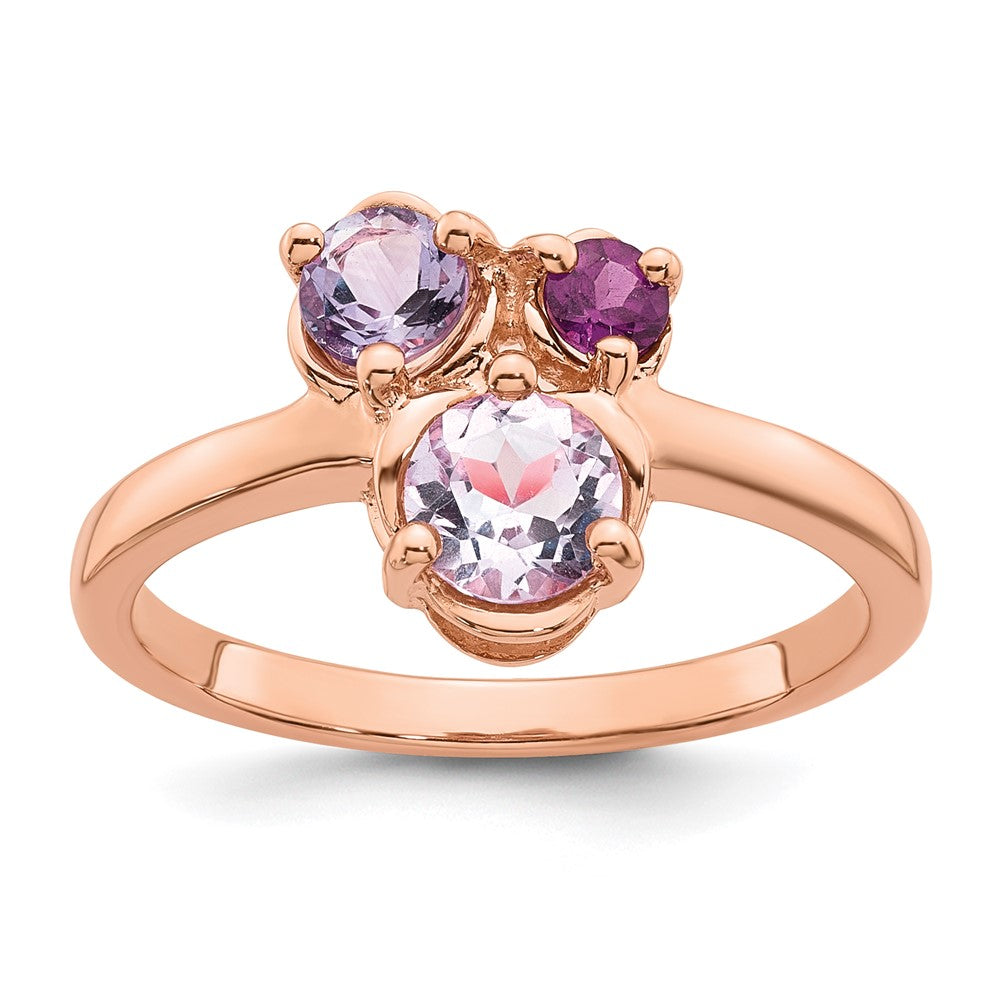 Sterling Silver Rose Gold-plated Polished Round Amethyst, Pink Quartz and Rhodolite Garnet Size 6 Ring