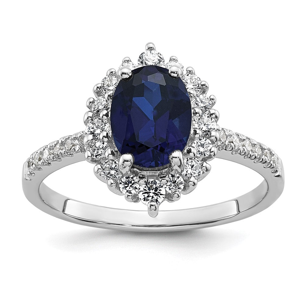 Sterling Silver Rhodium-plated Polished Lab Created Sapphire and CZ Oval Halo Size 6 Ring