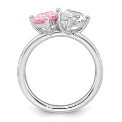 Sterling Silver Rhodium-plated Polished Heart Pink and Pear-shaped White CZ Size 6 Ring