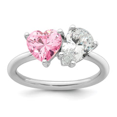 Sterling Silver Rhodium-plated Polished Heart Pink and Pear-shaped White CZ Size 6 Ring