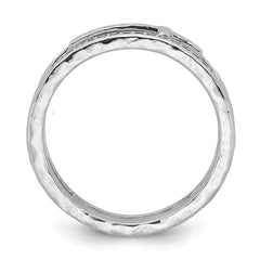Sterling Silver Rhodium-plated Polished CZ and Hammered Cross Double Band Size 6 Ring