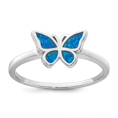 Sterling Silver Rhodium-plated Polished Blue Lab Created Opal Butterfly Size 6 Ring