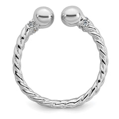 Sterling Silver Rhodium-plated Polished and Twisted CZ Ball End Size 6 Ring