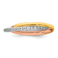 Sterling Silver Rhodium-plated Rose-tone and Gold-tone Polished CZ Intertwined Triple Band Size 6 Ring