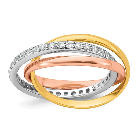 Sterling Silver Rhodium-plated Rose-tone and Gold-tone Polished CZ Intertwined Triple Band Size 6 Ring