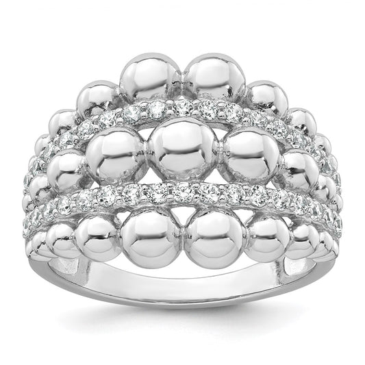 Sterling Silver Rhodium-plated Polished Graduated Beaded Fancy CZ Size 6 Ring