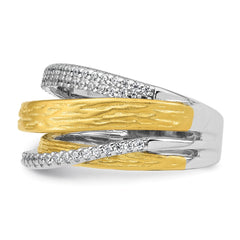 Sterling Silver Rhodium-plated and Gold-tone CZ Textured Brushed 4-Row Size 6 Ring
