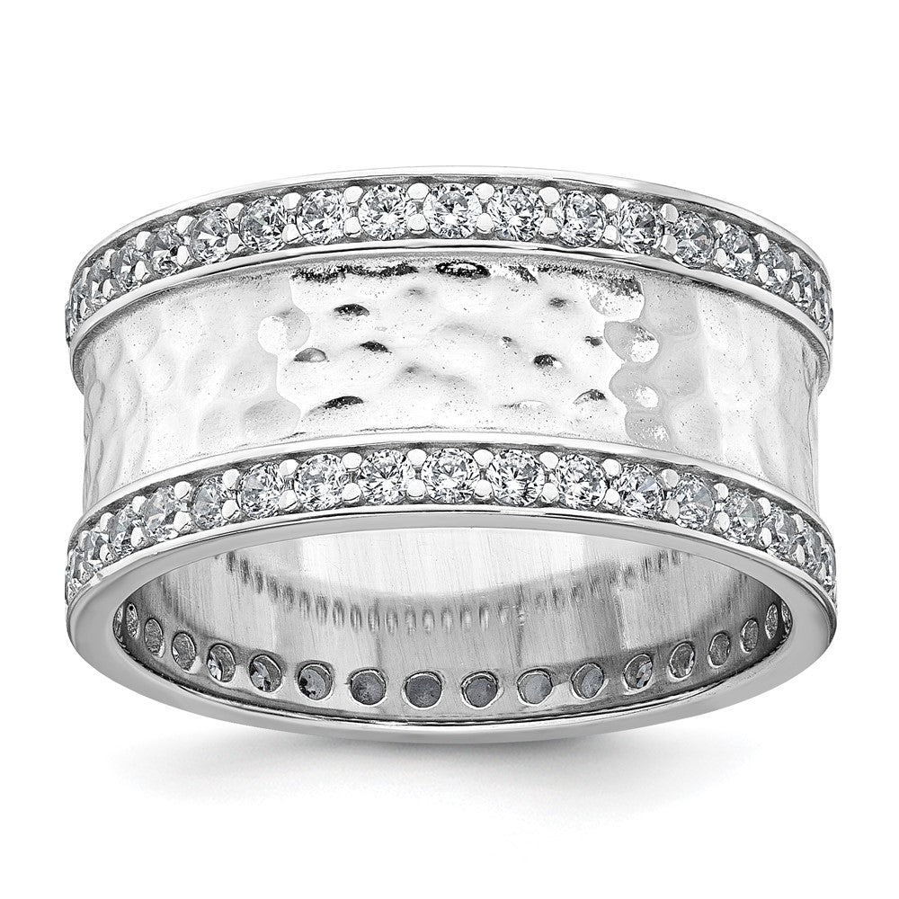 Sterling Silver Rhodium-plated CZ Polished And Hammered 9.5mm Band Size 6 Ring