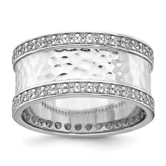 Sterling Silver Rhodium-plated CZ Polished And Hammered 9.5mm Band Size 6 Ring