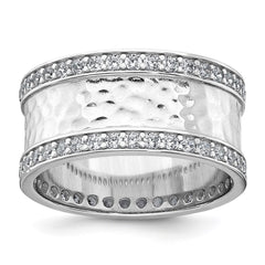 Sterling Silver Rhodium-plated CZ Polished And Hammered 9.5mm Band Size 6 Ring
