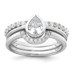 Sterling Silver Rhodium-plated Polished Pear Shape White CZ Ring with 2 Fitted CZ Bands Size 6 Three Ring Set