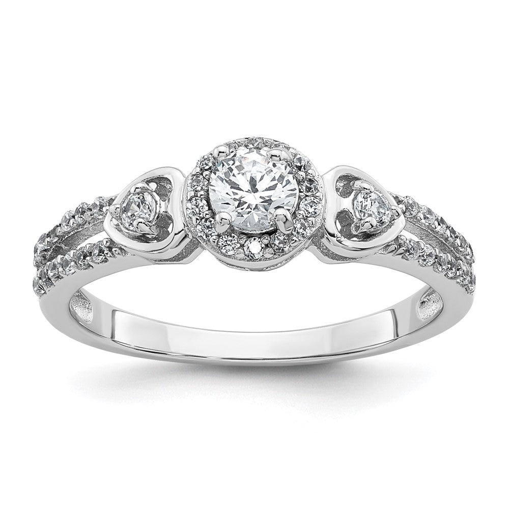 Sterling Silver Rhodium-plated Polished Round CZ Halo Double Side Heart Split Shank Size 6 Ring