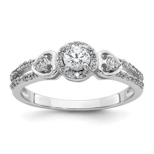 Sterling Silver Rhodium-plated Polished Round CZ Halo Double Side Heart Split Shank Size 6 Ring