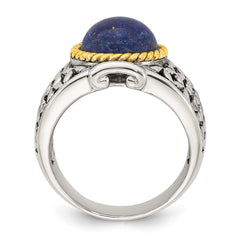 Sterling Silver Antiqued with Gold-plated Accent Polished Round Lapis Cabochon Woven Pattern Ring