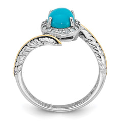 Sterling Silver Rhodium-plated with 14k Feather Accent Polished Reconstructed Turquoise Cabochon and White Topaz Ring