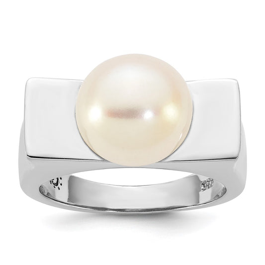 Sterling Silver Rhodium-plated 10-11mm Button White Freshwater Cultured Pearl Square Top Size 6 Ring
