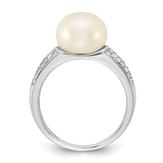 Sterling Silver Rhodium-plated 9-10mm Button White Freshwater Cultured Pearl and CZ Size 6 Ring