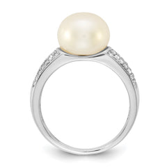 Sterling Silver Rhodium-plated 9-10mm Button White Freshwater Cultured Pearl and CZ Size 6 Ring