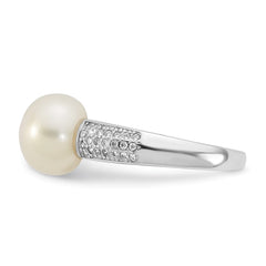 Sterling Silver Rhodium-plated 9-10mm Button White Freshwater Cultured Pearl and CZ Size 6 Ring