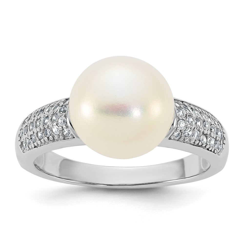Sterling Silver Rhodium-plated 9-10mm Button White Freshwater Cultured Pearl and CZ Size 6 Ring