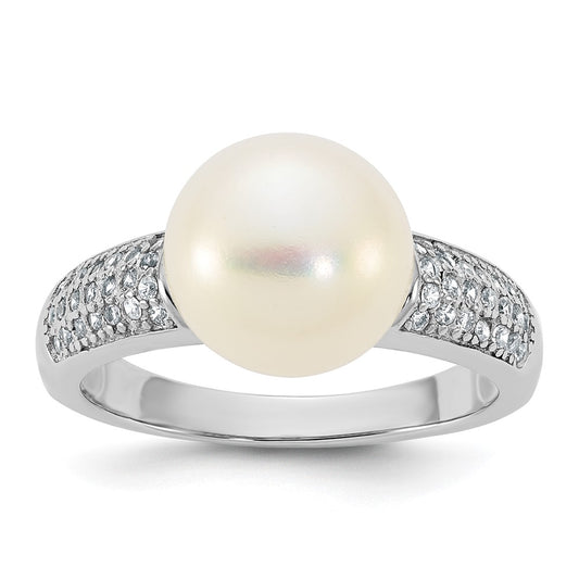 Sterling Silver Rhodium-plated 9-10mm Button White Freshwater Cultured Pearl and CZ Size 6 Ring