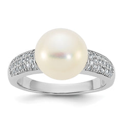 Sterling Silver Rhodium-plated 9-10mm Button White Freshwater Cultured Pearl and CZ Size 6 Ring