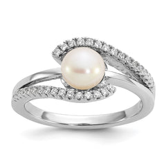 Sterling Silver Rhodium-plated Polished CZ and 6-7mm Freshwater Cultured Pearl Size 6 Ring