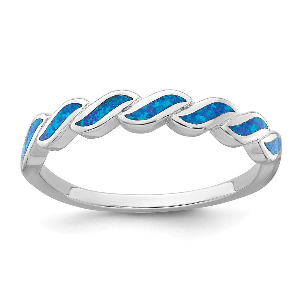 Sterling Silver Rhodium-plated Polished Blue Lab Created Opal Wave Size 6 Ring