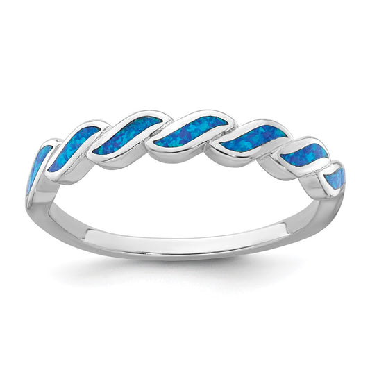 Sterling Silver Rhodium-plated Polished Blue Lab Created Opal Wave Size 6 Ring