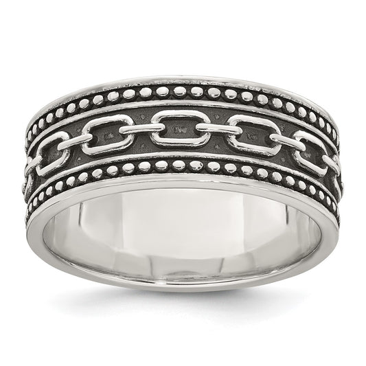 Sterling Silver Polished Beaded Antiqued Chain Link Band Size 10 Mens Ring