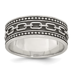 Sterling Silver Polished Beaded Antiqued Chain Link Band Size 10 Mens Ring