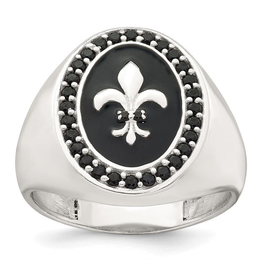 Sterling Silver Polished Fleur de Lis Black Enameled and Black Nano Crystals Size 10 Mens Signet Ring
