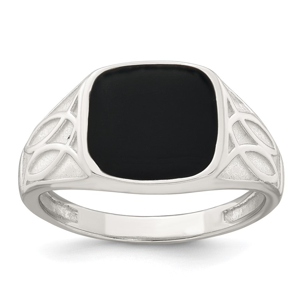 Sterling Silver Polished and Textured Black Enameled Size 10 Mens Signet Ring