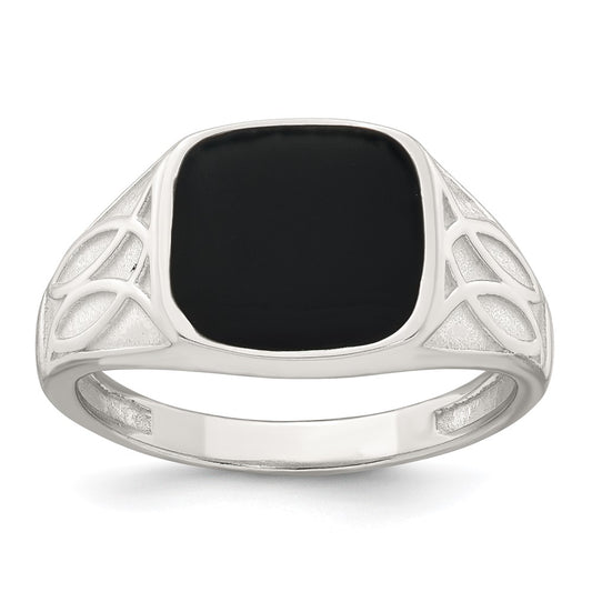 Sterling Silver Polished and Textured Black Enameled Size 10 Mens Signet Ring