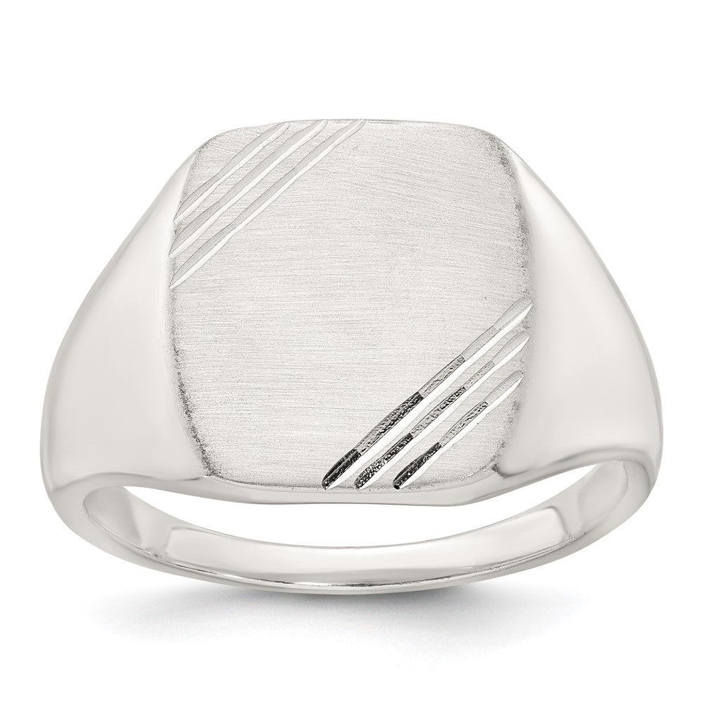 Sterling Silver Polished Brushed and Grooved 15.3mm x 13.2mm Rectangle Closed Back Size 10 Mens Signet Ring
