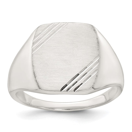 Sterling Silver Polished Brushed and Grooved 15.3mm x 13.2mm Rectangle Closed Back Size 10 Mens Signet Ring