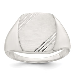 Sterling Silver Polished Brushed and Grooved 15.3mm x 13.2mm Rectangle Closed Back Size 10 Mens Signet Ring