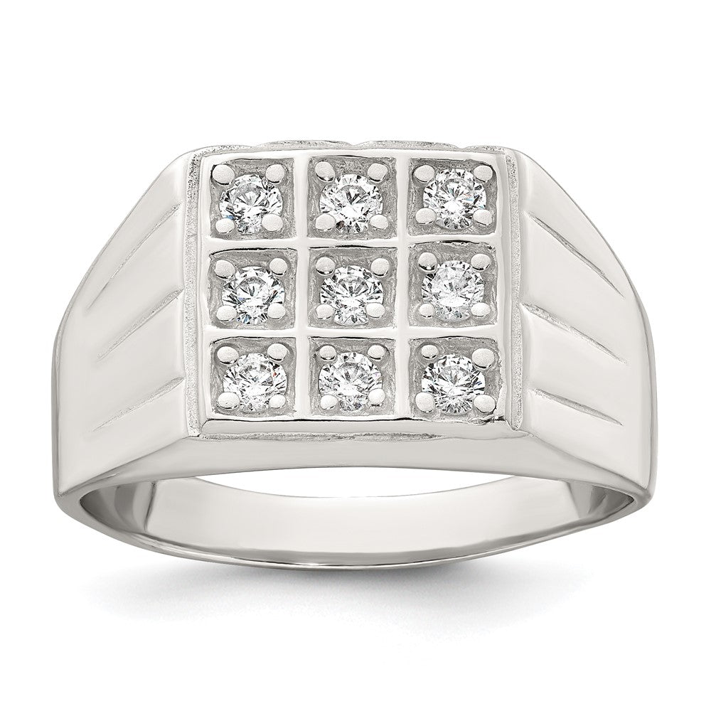 Sterling Silver Polished and Grooved White CZ Square Size 10 Mens Ring