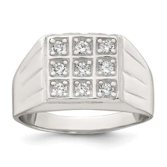 Sterling Silver Polished and Grooved White CZ Square Size 10 Mens Ring