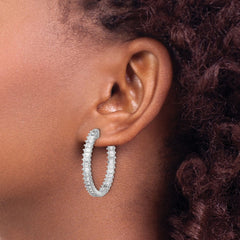 QSH136 Sterling Shimmer Sterling Silver Rhodium-plated 3mm x 2mm CZ 64 Stone In and Out Hinged Hoop Earrings